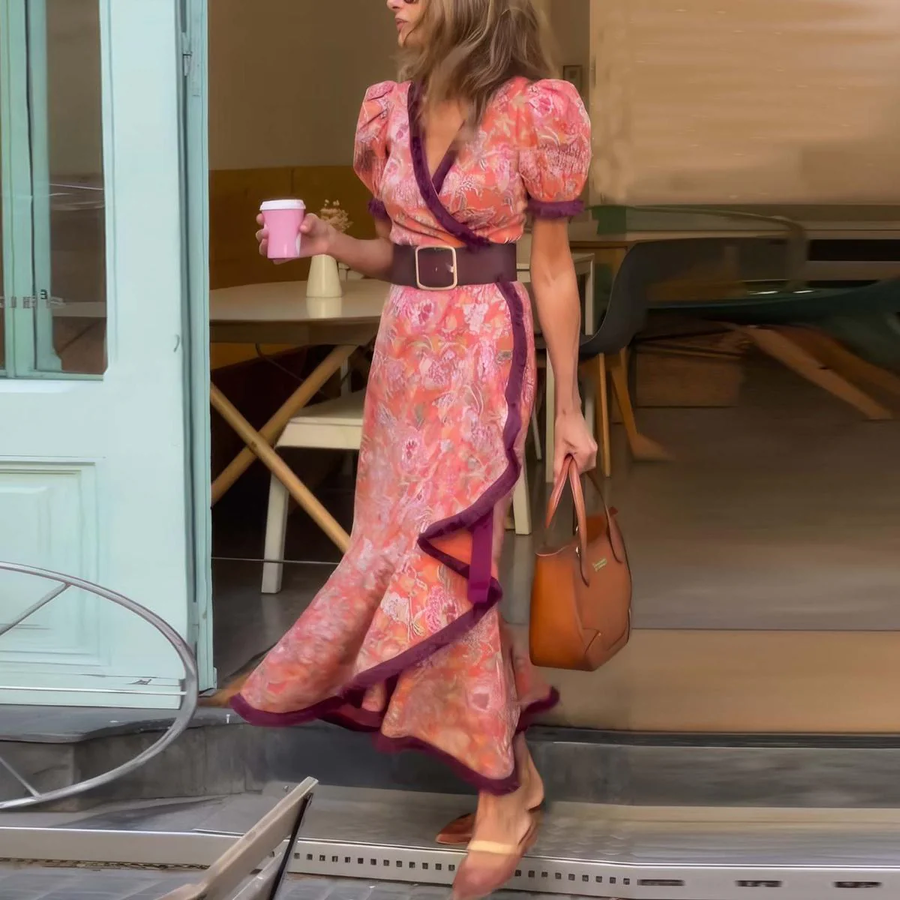 Van Elst Mode® | Elegante Roze Maxi Dress met Korte Mouwen