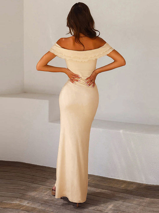 VanRossem™ | Off Shoulder Satijnen Jurk met Ruches