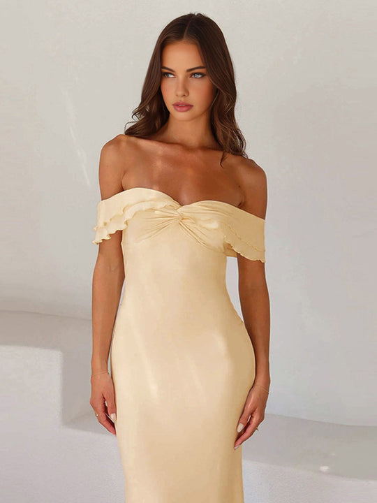 VanRossem™ | Off Shoulder Satijnen Jurk met Ruches