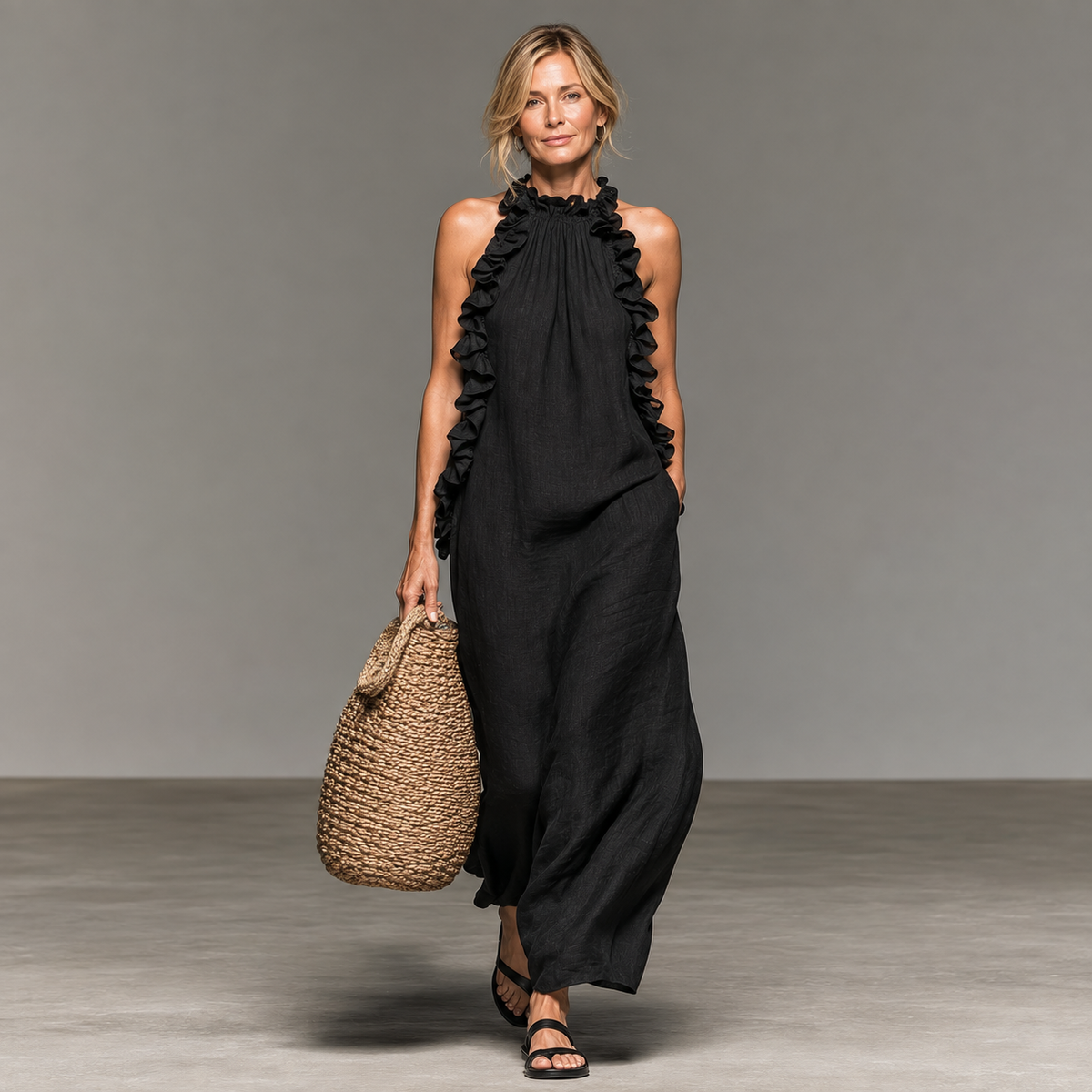 Jantine mouwloze maxi-jurk met volants en zakken