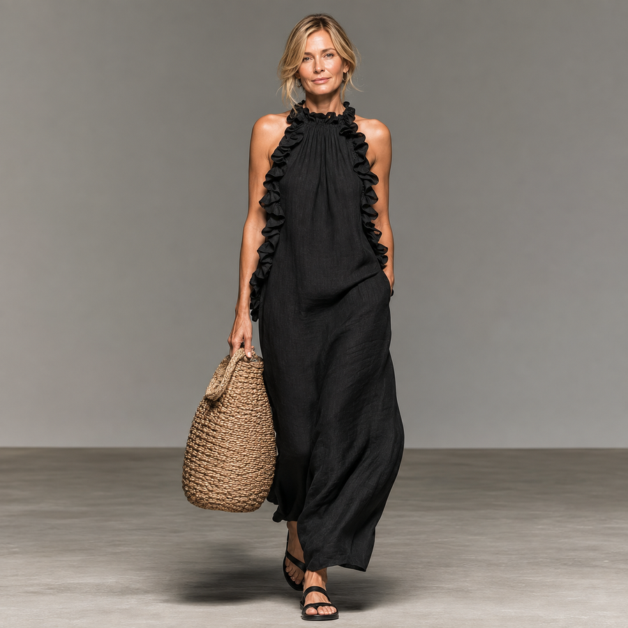 Jantine mouwloze maxi-jurk met volants en zakken