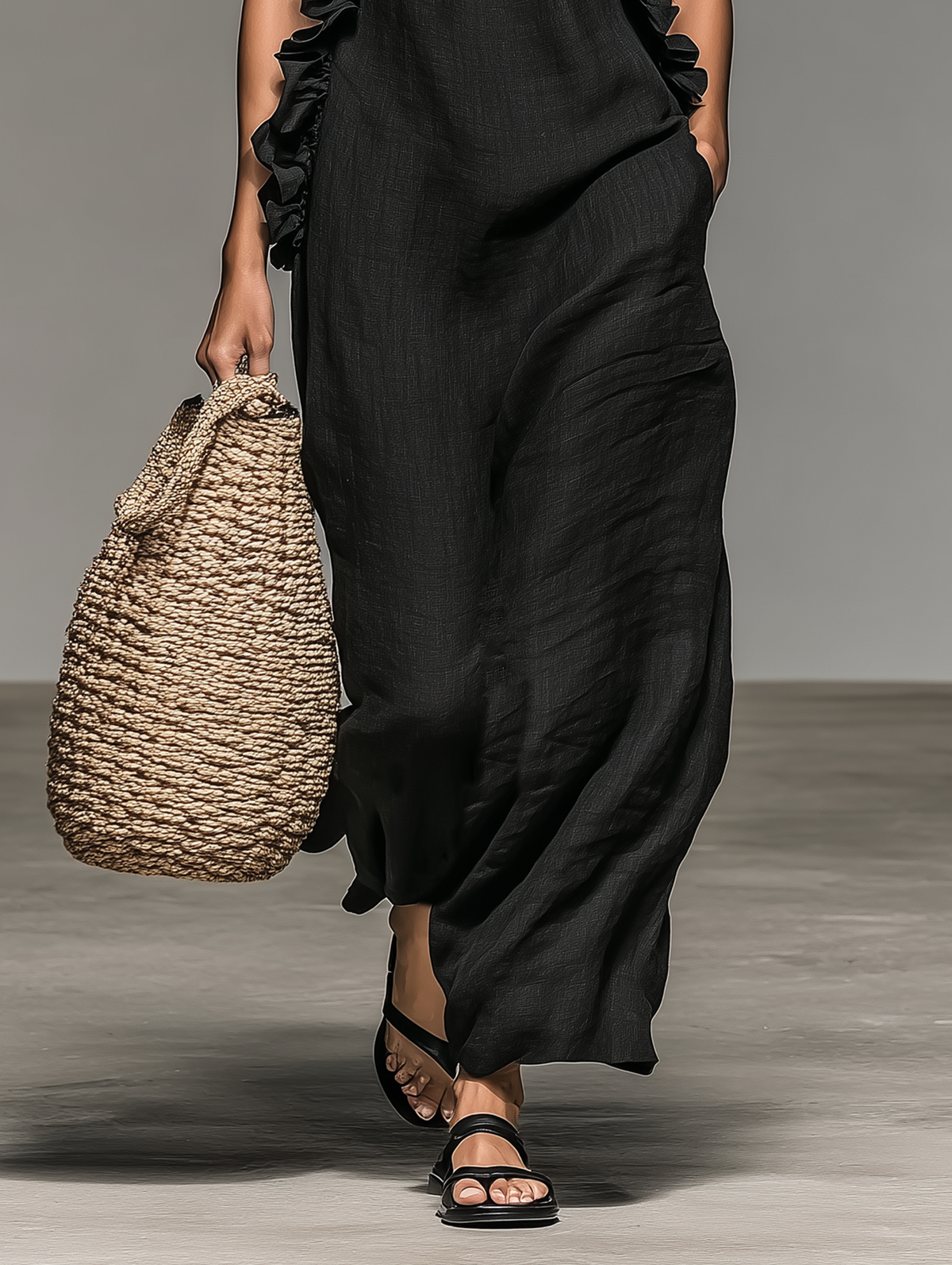 Jantine mouwloze maxi-jurk met volants en zakken