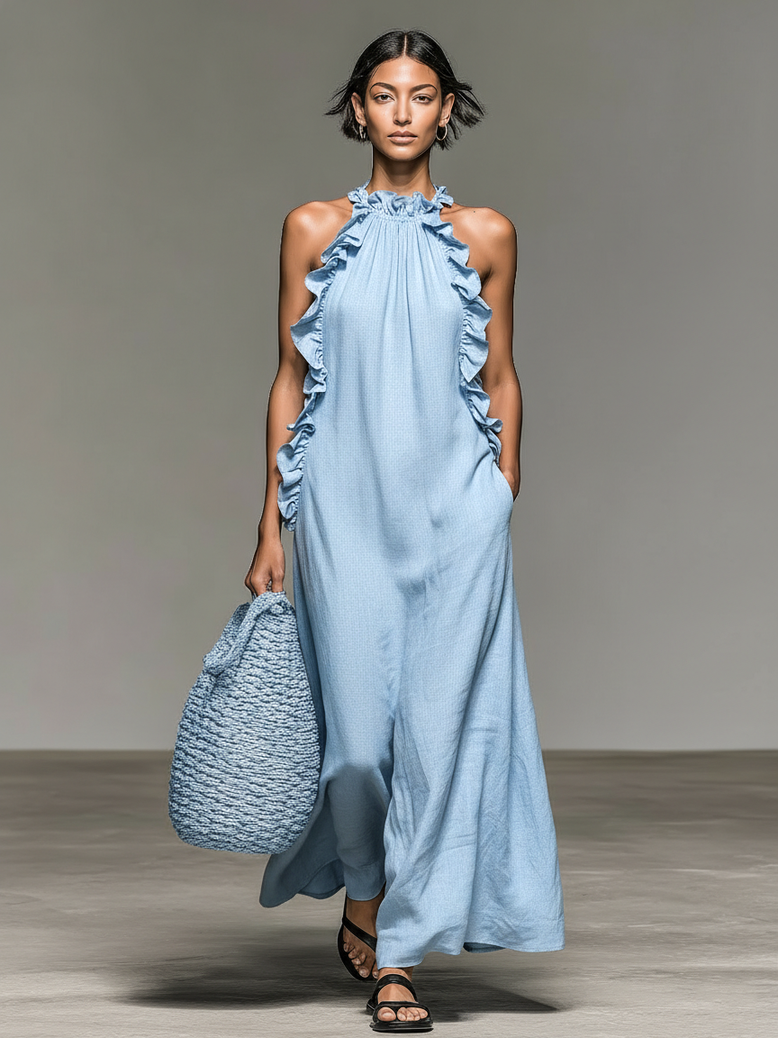 Jantine mouwloze maxi-jurk met volants en zakken
