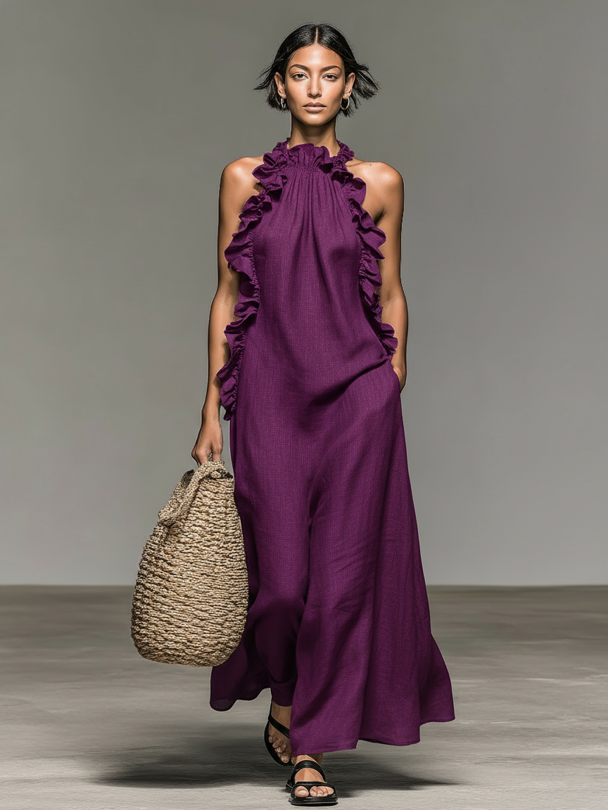Jantine mouwloze maxi-jurk met volants en zakken