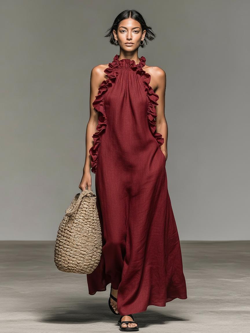 Jantine mouwloze maxi-jurk met volants en zakken
